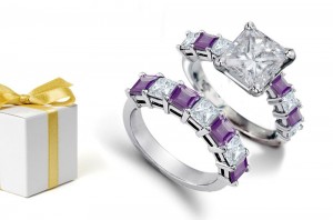 Attractive Engagement Ring: Square Diamond & Deep Purple Sapphire Square Stone Bridal Set
