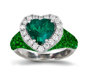 Ring with Heart Diamond & Pave Set Emeralds & White Diamonds in Gold or Platinum