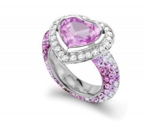 Delicate Micro Pave Round Brilliant Cut & Heart Pink Sapphires & Diamonds Halo Ring