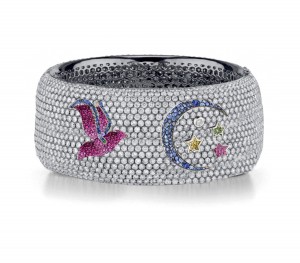 Delicate French pavee Sparkling Brilliant-Cut Round Diamonds & Vivid Multi-Colored Precious Stones Eternity Rings & Bands Featuring Bird, Moon & Stars