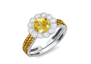 Custom Round Diamond & Yellow Sapphire Flower Engagement and Right Hand Rings