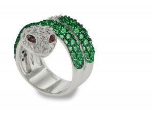 French Micropave Diamond Emerald Double Wrap Gold Serpent Ring with 2.25 cts genuine richly cut emerald
