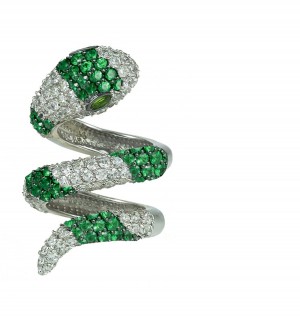Latest French Style Micropave Diamond Emerald Single Wrap Gold Snake Ring with 3.0 cts genuine brilliant-cut emerald