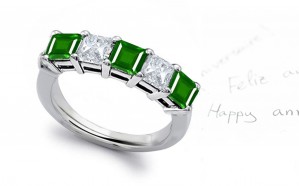 Stunning Stylish Emerald Men Wedding Rings: Well matched emerald squares with minimal inclusions and princess-cut diamonds channel set in 14K White Gold.