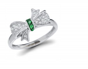 Georgian Micropave Diamond Ribbon & Emerald Bow Gold Ring with 1.75 cts genuine round diamonds for $4950.00