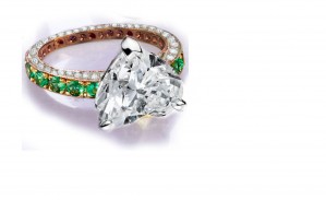 Ring with Heart Diamond & Pave Set Emeralds & White Diamonds in Gold or Platinum