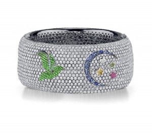 Delicate French pavee Sparkling Brilliant-Cut Round Diamonds & Vivid Multi-Colored Precious Stones Eternity Rings & Bands Featuring Bird, Moon & Stars