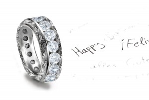 Most Elegant Designs: Platinum Diamond Band with Circle of Sparkling Diamonds & Scrolling Motifs Size 6