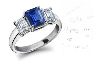 Ceylon Blue Three Stone Engagement Rings: Platinum Ring with Octogon Sapphires and Diamonds.