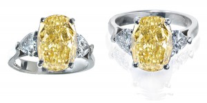 Yellow Diamond Rings: Platinum Yellow Oval Diamond and White Trillion Diamonds Engagement Rings