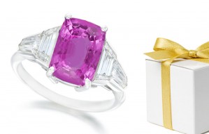 Cushion Pink Sapphire Three Stone Sapphire Engagement Ring with Half-Moon Diamonds in 14k White Gold