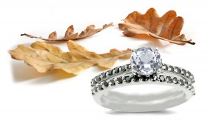 Round White Sapphire Ring with Pave Sapphires and a matching Wedding Ring in 14k White Gold