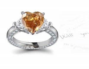 Center Heart Brown Diamond & Heart White Diamonds Accents Three Stone Engagement Ring in Platinum & White Gold