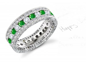 Emerald & Diamond Band Bordered with 2 Rows of Diamonds, Engraved Sides