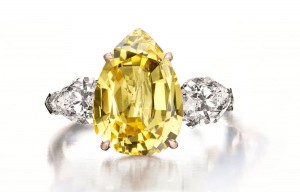 Custom Manufactured Three Stone Pear-Shaped Diamonds & Yellow Sapphire Ring