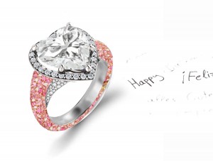 Custom Manufactured Precision Set Pave Halo Brilliant Round & Heart Diamonds & Pink Sapphire Rings