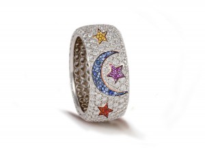 High Quality French pavee Multi-Colored Sapphire & Brilliant-Cut Round Diamond Moon & Stars Eternity Rings & Bands