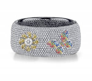 Delicate French pavee Sparkling Brilliant-Cut Round Diamonds & Vivid Multi-Colored Precious Stones Eternity Rings & Bands Featuring Vintage Flowers & Butterflies