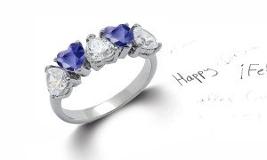 Heart Shaped Blue Sapphire & Diamond Half Eternity Rings in Gold or Platinum