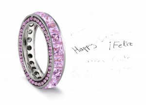 Micro pave Halo Round & Princess Cut Diamond & Pink Sapphire Eternity Rings