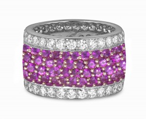 Micro pave Halo Brilliant Cut Round Diamond & Purple Sapphire Eternity Rings