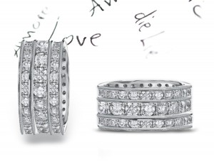 Cobblestone Ring: 6 Millimeter Wide Platinum & Diamond Ring Sparkling with Three Rows of Round Diamonds