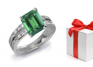 "Special Design" Natural Emerald Cut Emerald & Princess Cut Diamond Chevron Ring