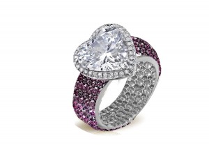 Halo Heart Diamond Ring with Diamonds & Purple Sapphires in Gold or Platinum