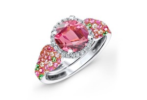 Made To Order Rings Featuring Delicate French Halo Pave Diamonds & Vivid Pink Sapphires