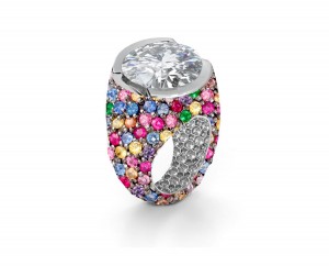 Custom Round Diamond & Rainbow Sapphire Engagement and Right Hand Rings