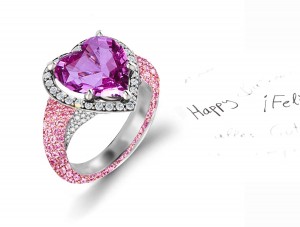 Custom Manufactured Precision Set Pave Halo Brilliant Round Diamonds & Heart Pink Sapphire Rings