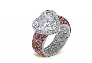 Halo Heart Diamond Ring with Diamonds & Rainbow Sapphires in Gold or Platinum