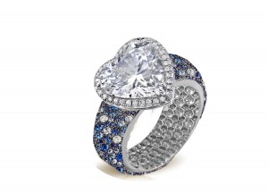 Halo Heart Diamond Ring with Diamonds & Blue Sapphires in Gold or Platinum