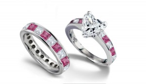Heart Diamond & Princess Cut Pink Sapphire & Diamond Engagement Ring & Wedding Band in Ring Size 3 to 8