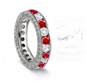 Ruby & Diamond Wedding Band with Scrolls Motifs on Sides in 14k Gold