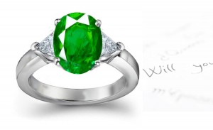 Hoop Rings: Let this Vibrant 3 Stone Genuine Oval Emerald & Trillion Cut Diamond Gold Ring