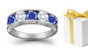 Blue Sapphire With White Diamond Five Stone Rings