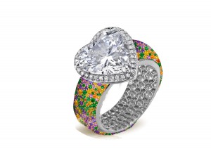 Ring with Heart Diamond & Pave Set Gemstones & White Diamonds in Gold or Platinum