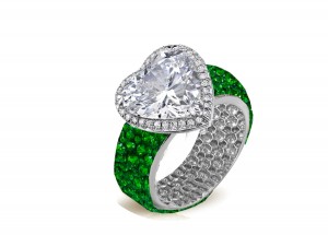 Ring with Heart Diamond & Pave Set Emeralds & White Diamonds in Gold or Platinum