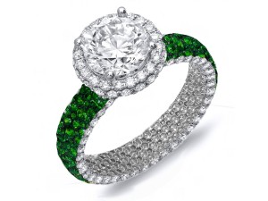 Made To Order Rings With French Pave Halo Brilliant Cut Round Diamonds & Emeralds