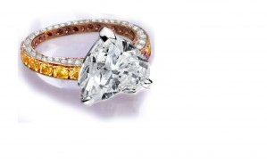 Ring with Heart Diamond & Pave Set Diamonds & Yellow Sapphires in Gold or Platinum