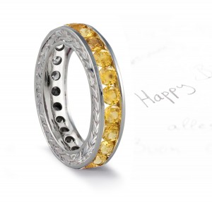 Gold Yellow Sapphire Engraved Wedding Bands