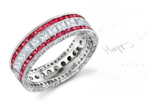 Square Diamond Wedding Band with Two Rows of Rubies & Engraved Sides
