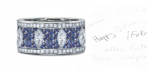 Micropavee Blue Sapphire & Diamond Special Design Open Work Navette Band