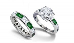 Variety of Designs: Beautiful Solid Round Emerald & Diamond Three-Stone Ring in 14k White Gold & Platinum