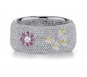 Delicate French pavee Sparkling Brilliant-Cut Round Diamonds & Vivid Multi-Colored Precious Stones Eternity Rings & Bands Featuring Vintage Flowers & Butterflies