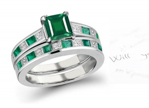Sophisticated Solitaire Princess Cut Nourished Emerald Cut Diamond Ring Matched Gold Band