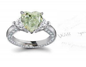 Center Heart Green Diamond & Heart White Diamonds Accents Three Stone Engagement Ring in Platinum & White Gold