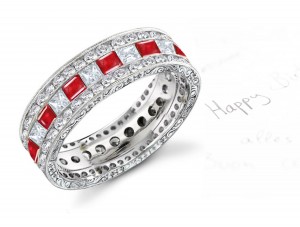 Square Ruby Diamond Band with Two Rows of Diamonds Engraved Sides