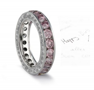 Antique Style Pink Diamond Band Sides Profusely Engraved with Scroll, Floral & Leaf Motifs